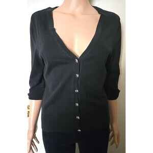New York & Company Classic Black Silk-Blend V-Neck Cardigan Jewel Buttons Size M
